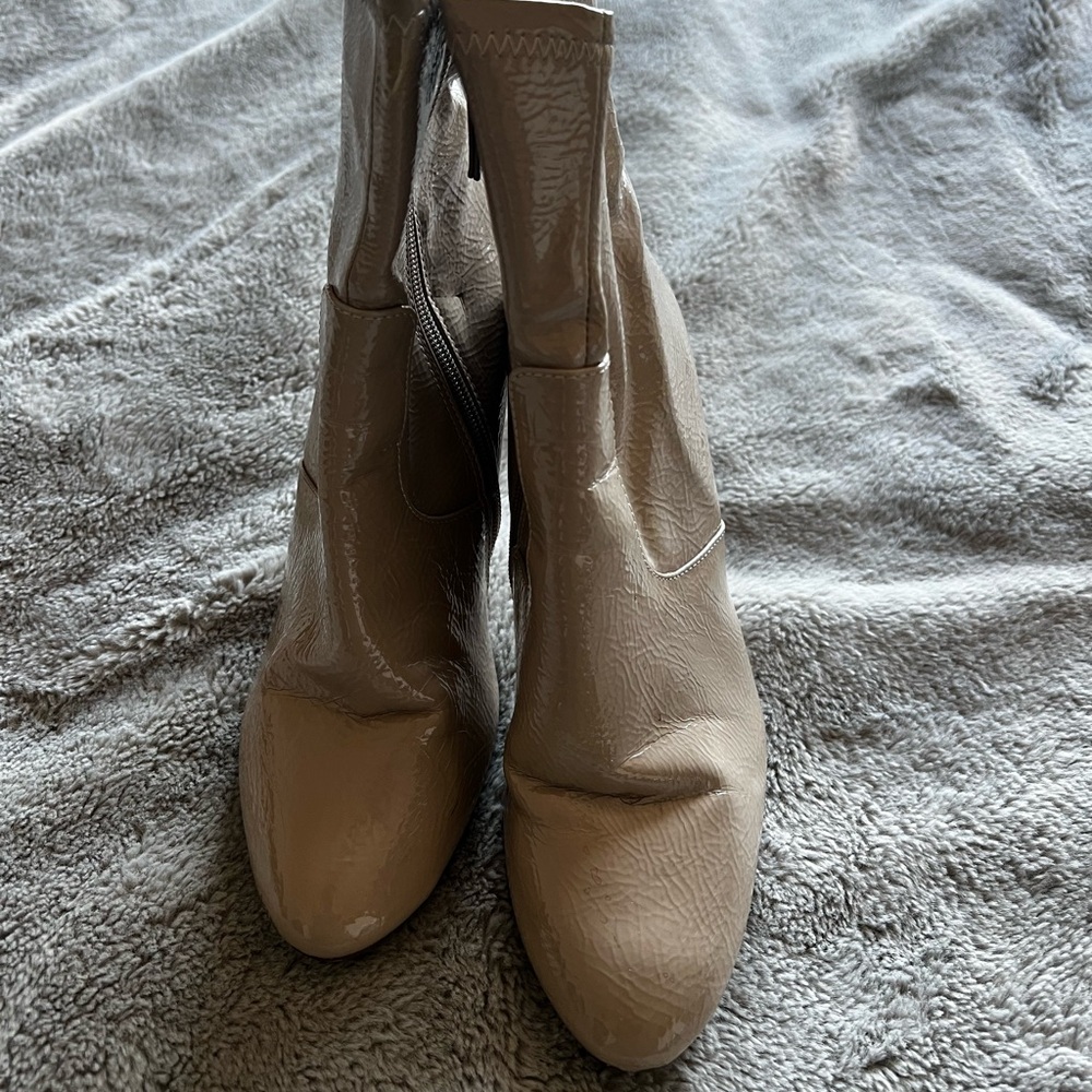 Beige Patent Ankle Boots with Clear Block Heels